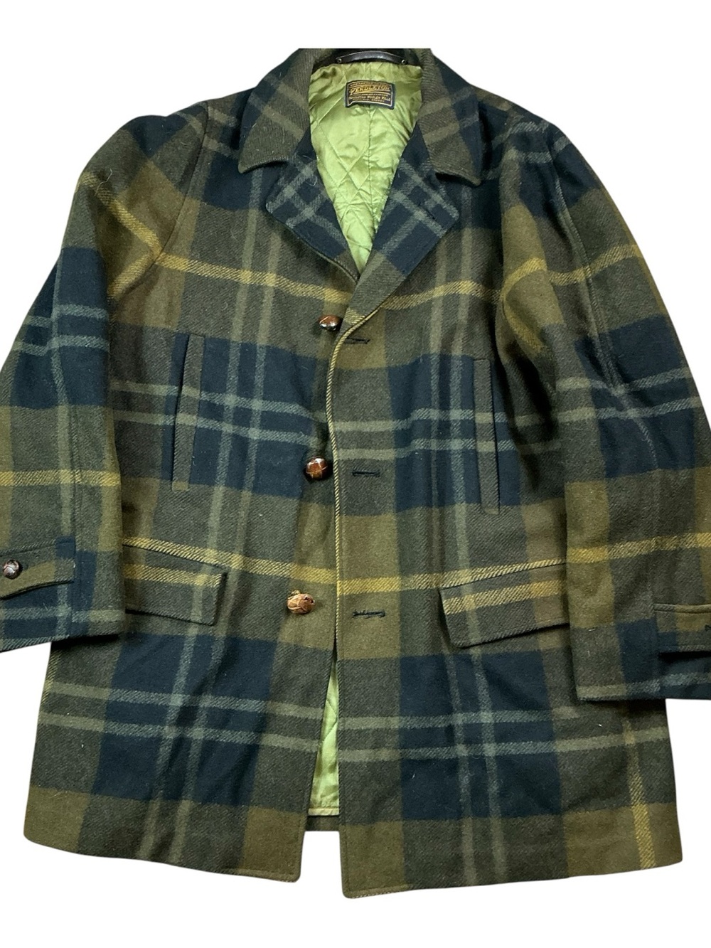 Vintage Pendleton 1950s wool tartan plaid, black and green button front coat USA